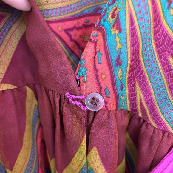 Anna Sui Anthropologie 100% Silk Printed Wrap Boho V Neck Pink Red Dress Size 8 - Picture 6 of 14
